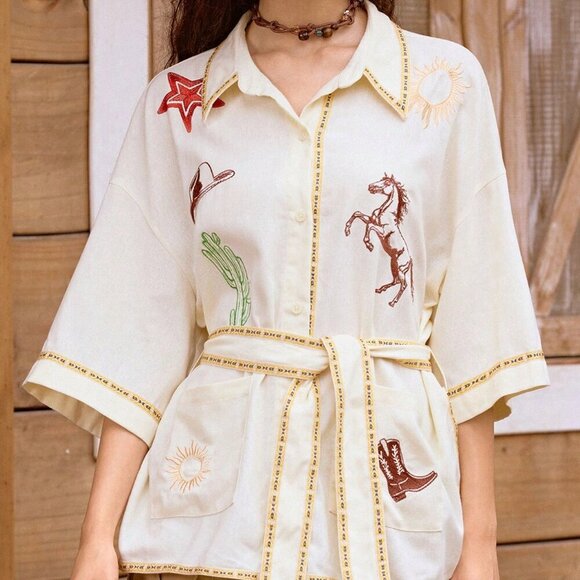 White Casual Women's Western Embroidered detailed belted button down top - Picture 2 of 8